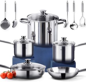 HOMICHEF 14-Piece Nickel Free Stainless Steel Cookware Set - Nickel Free Stainless Steel Pots and Pans Set