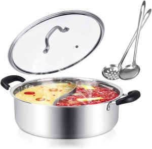 Kerykwan Divided Hot Pot Pan 10 Stainless Steel Shabu Shabu Hot pot with Divider for Induction Cooktop Gas Stove Dual Sided Soup Cookware with 2 Soup...