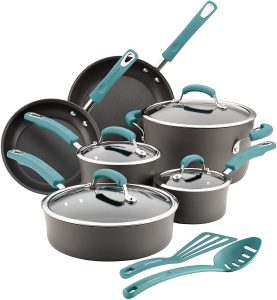 Rachael Ray Brights Hard Anodized Nonstick Cookware Pots and Pans Set, 12 Piece, Gray with Agave Blue Handles